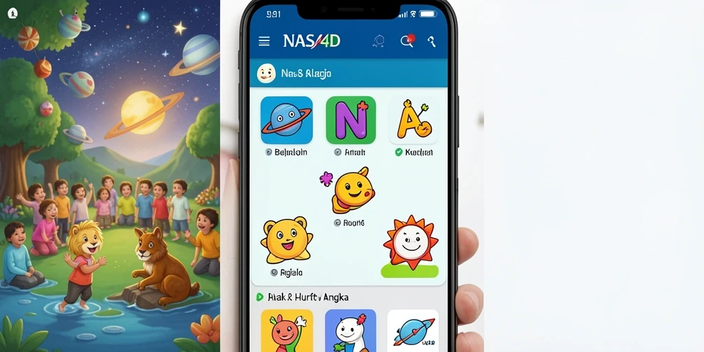Antarmuka aplikasi NASA4D untuk Belajar Huruf dan Angka.